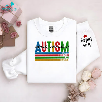 Custom Embroidered Autism Mama Sweatshirt with Kids Name on Sleeve, Autism Outfit For Autism Mama On It Mother's Day