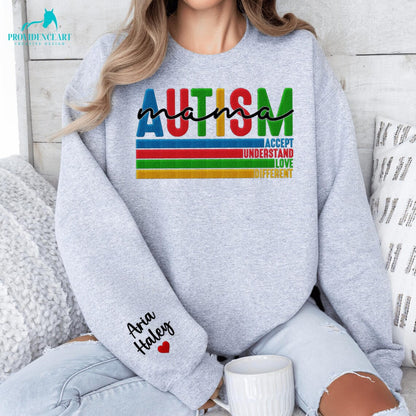 Custom Embroidered Autism Mama Sweatshirt with Kids Name on Sleeve, Autism Outfit For Autism Mama On It Mother's Day