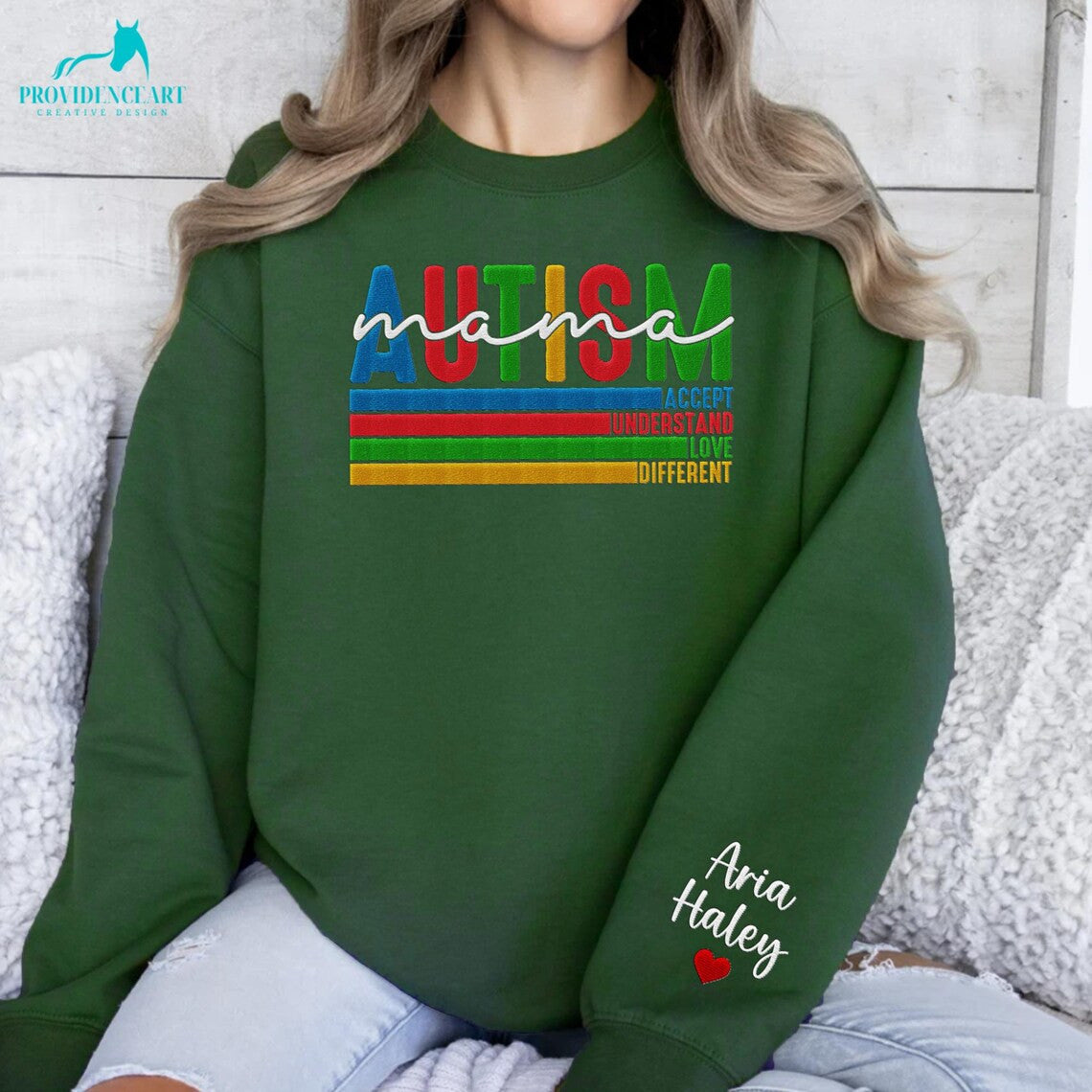 Custom Embroidered Autism Mama Sweatshirt with Kids Name on Sleeve, Autism Outfit For Autism Mama On It Mother's Day