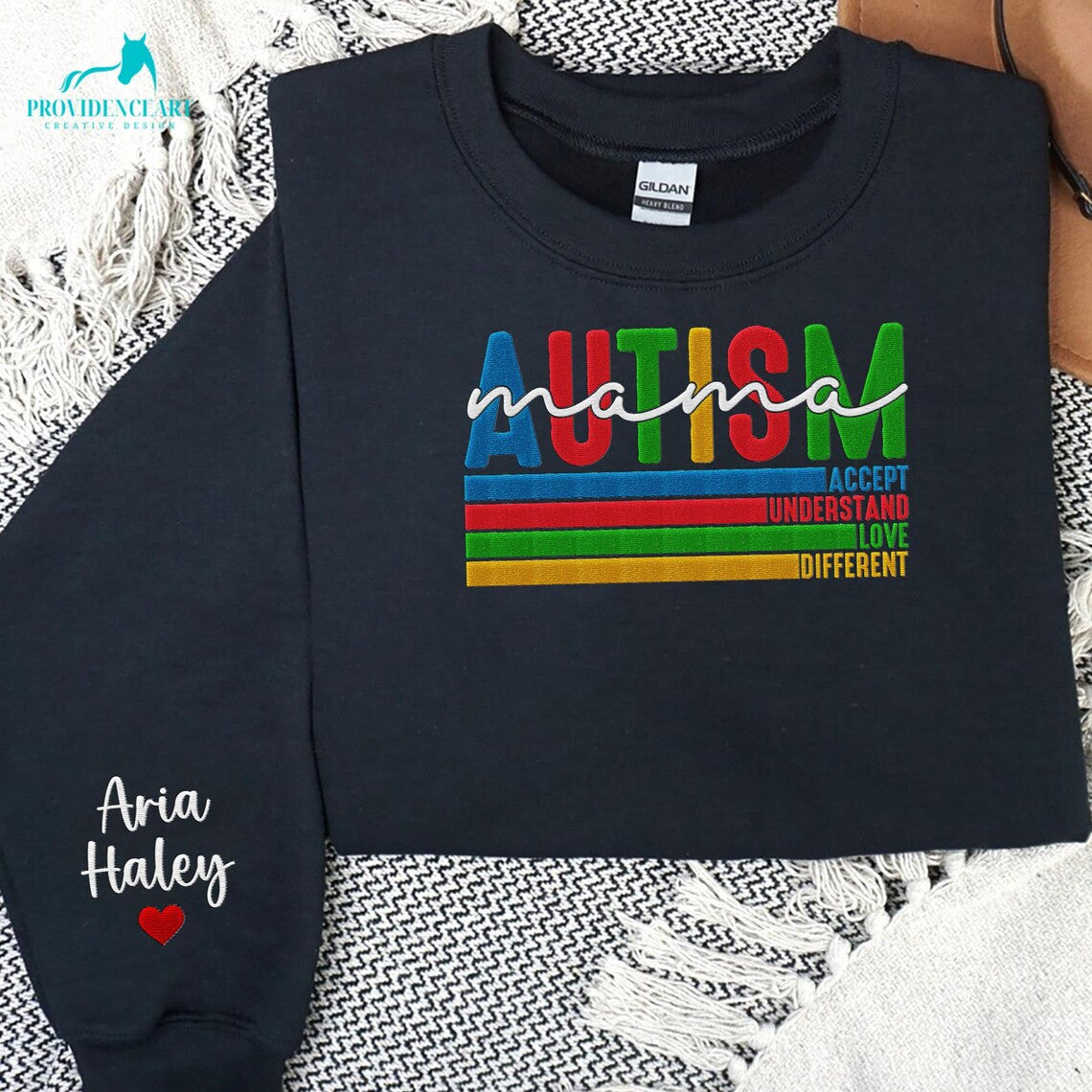 Custom Embroidered Autism Mama Sweatshirt with Kids Name on Sleeve, Autism Outfit For Autism Mama On It Mother's Day