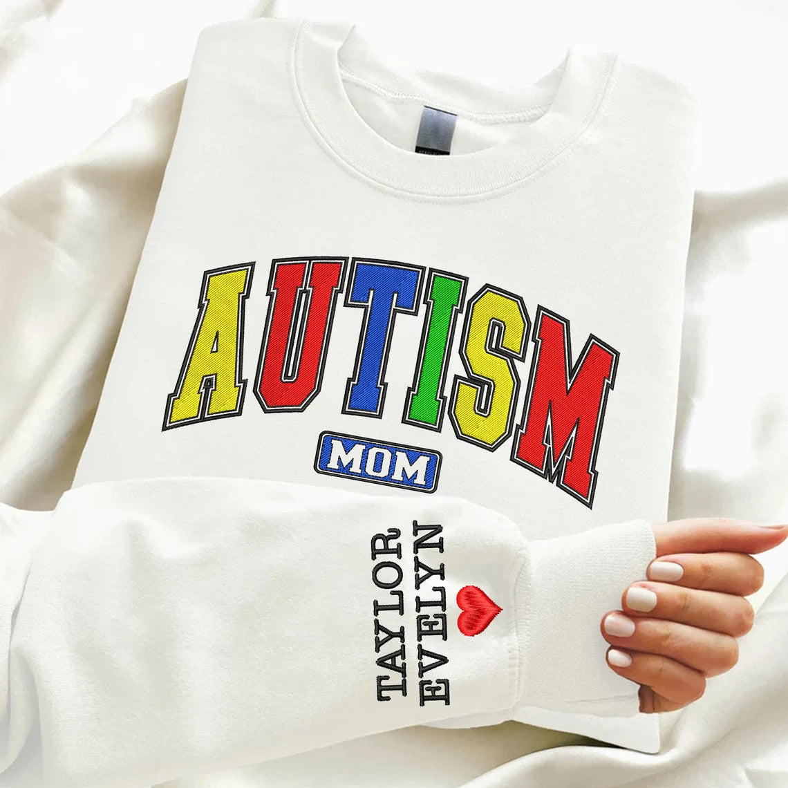 Personalized Autism Mama Embroidered Sweatshirt, Autism Mom Sweater, Varsity Autism Awareness Crewneck, Gift For Mama, Custom Name on Sleeve