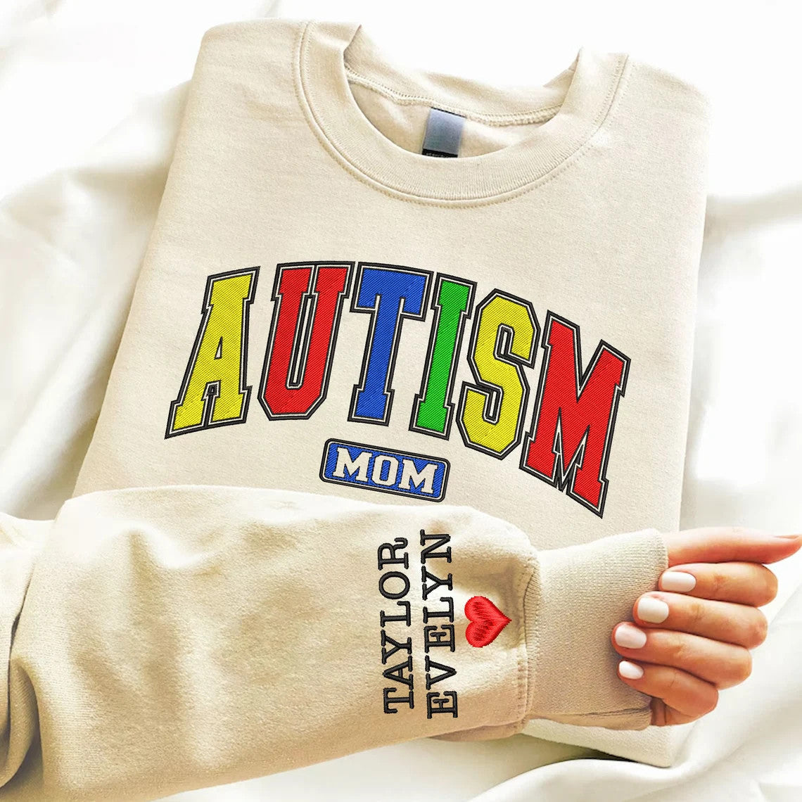 Personalized Autism Mama Embroidered Sweatshirt, Autism Mom Sweater, Varsity Autism Awareness Crewneck, Gift For Mama, Custom Name on Sleeve