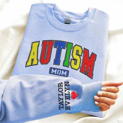 Personalized Autism Mama Embroidered Sweatshirt, Autism Mom Sweater, Varsity Autism Awareness Crewneck, Gift For Mama, Custom Name on Sleeve