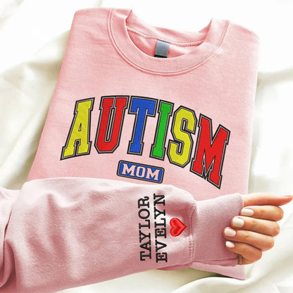 Personalized Autism Mama Embroidered Sweatshirt, Autism Mom Sweater, Varsity Autism Awareness Crewneck, Gift For Mama, Custom Name on Sleeve