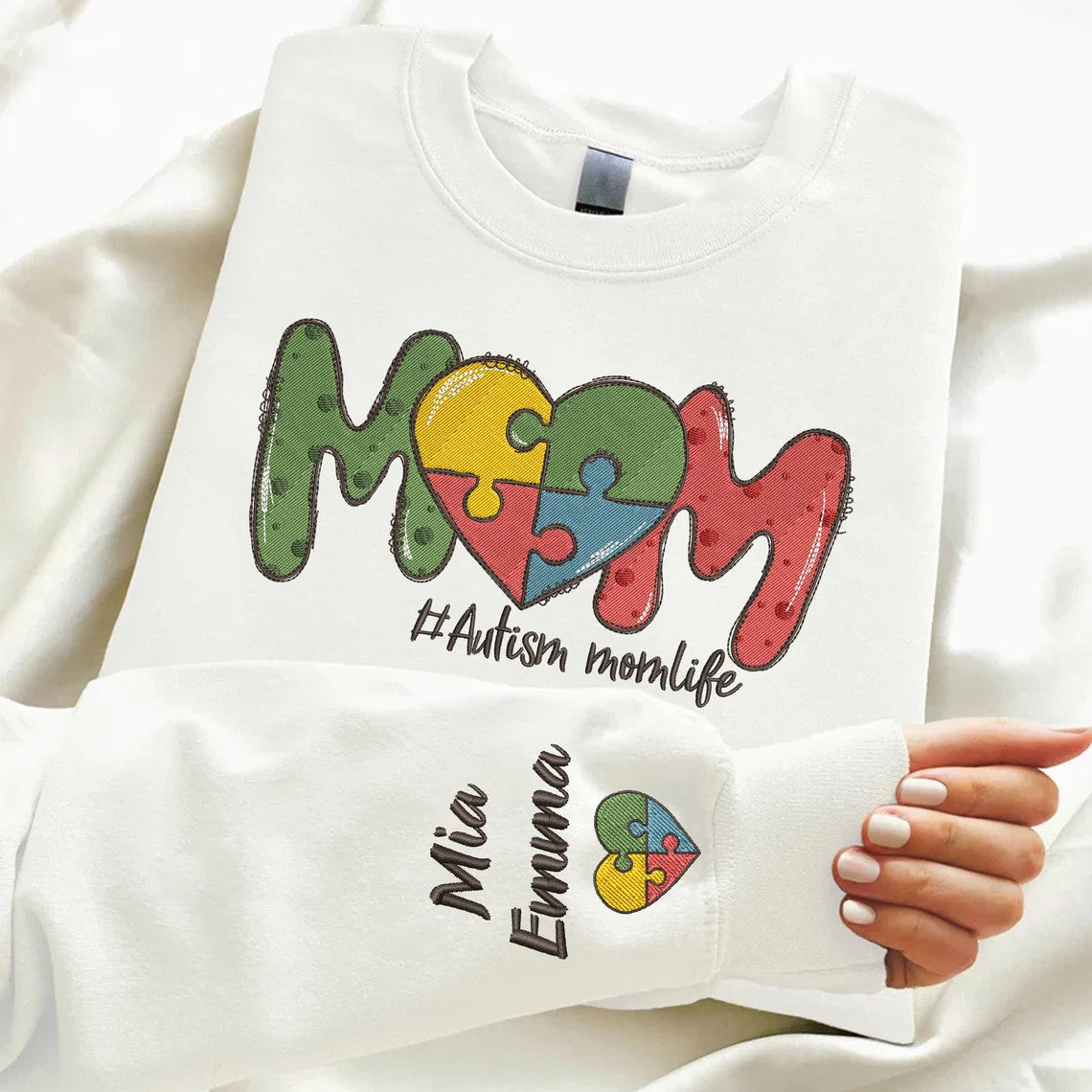 Personalized Autism Mom Embroidered Sweatshirt, Autism Mama Sweater, Kids Name on Sleeve, Puzzle Crewneck Sweater