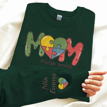 Personalized Autism Mom Embroidered Sweatshirt, Autism Mama Sweater, Kids Name on Sleeve, Puzzle Crewneck Sweater