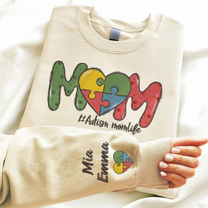 Personalized Autism Mom Embroidered Sweatshirt, Autism Mama Sweater, Kids Name on Sleeve, Puzzle Crewneck Sweater