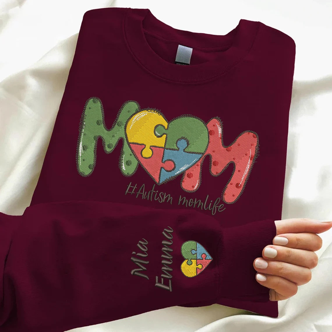 Personalized Autism Mom Embroidered Sweatshirt, Autism Mama Sweater, Kids Name on Sleeve, Puzzle Crewneck Sweater