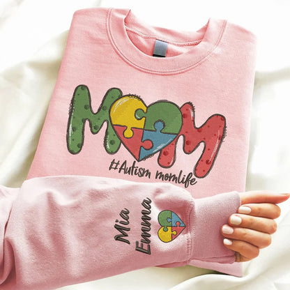 Personalized Autism Mom Embroidered Sweatshirt, Autism Mama Sweater, Kids Name on Sleeve, Puzzle Crewneck Sweater