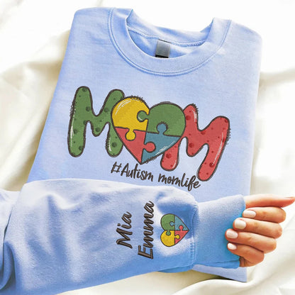 Personalized Autism Mom Embroidered Sweatshirt, Autism Mama Sweater, Kids Name on Sleeve, Puzzle Crewneck Sweater