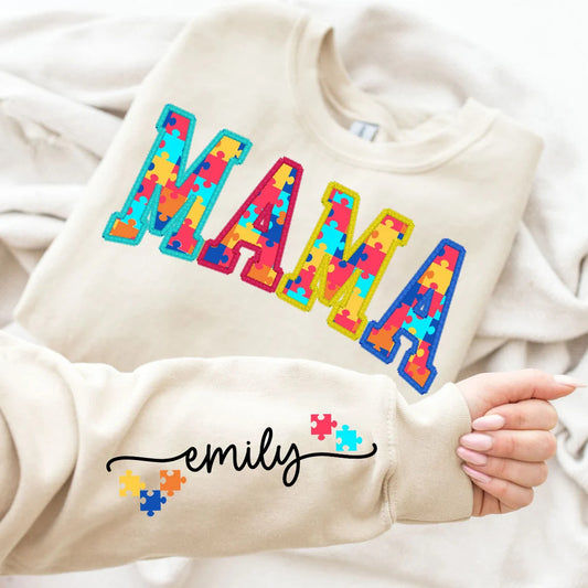 Personalized Autism Mom Embroidered Sweatshirt, Autism Mama Sweater, Kids Name on Sleeve, Puzzle Crewneck Sweater