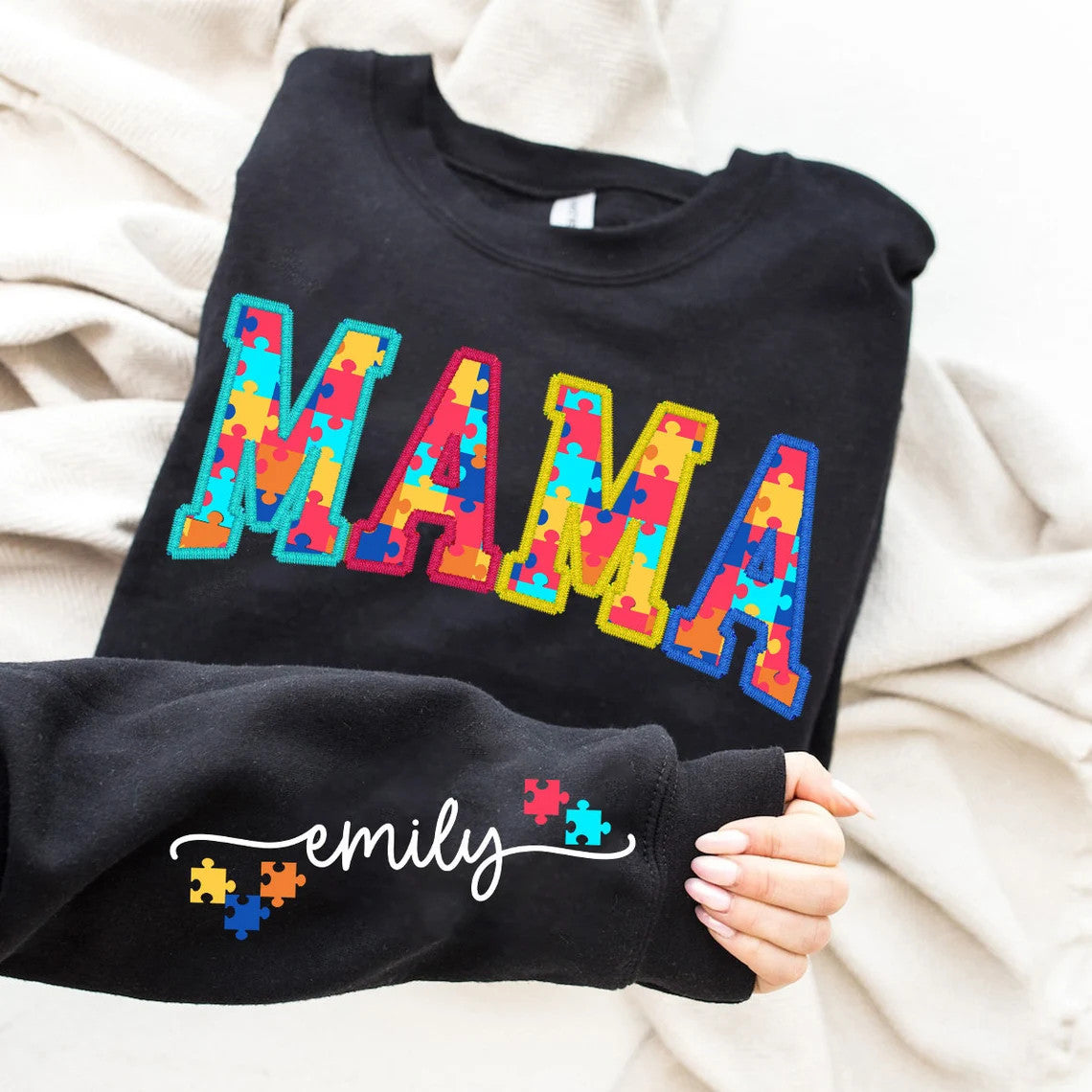 Personalized Autism Mom Embroidered Sweatshirt, Autism Mama Sweater, Kids Name on Sleeve, Puzzle Crewneck Sweater