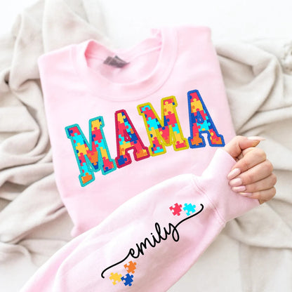 Personalized Autism Mom Embroidered Sweatshirt, Autism Mama Sweater, Kids Name on Sleeve, Puzzle Crewneck Sweater