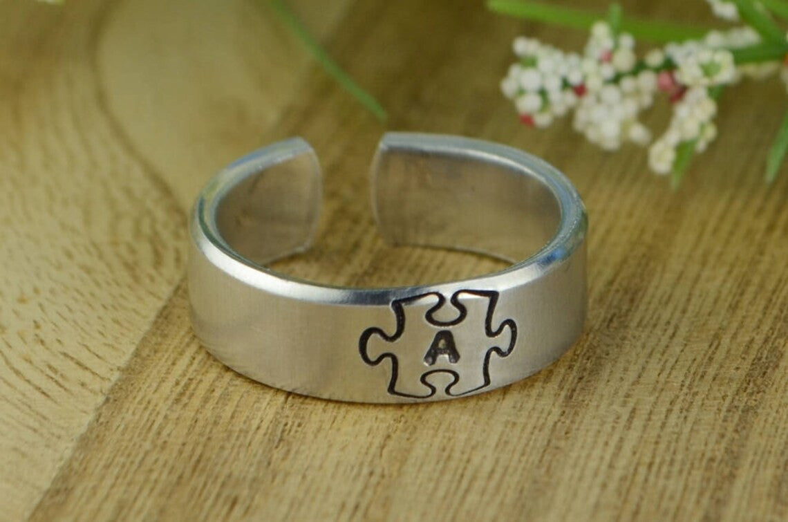 Any Initial Puzzle Piece Adjustable Ring- Hand Stamped Aluminum Letter Ring - Handmade to Custom Size