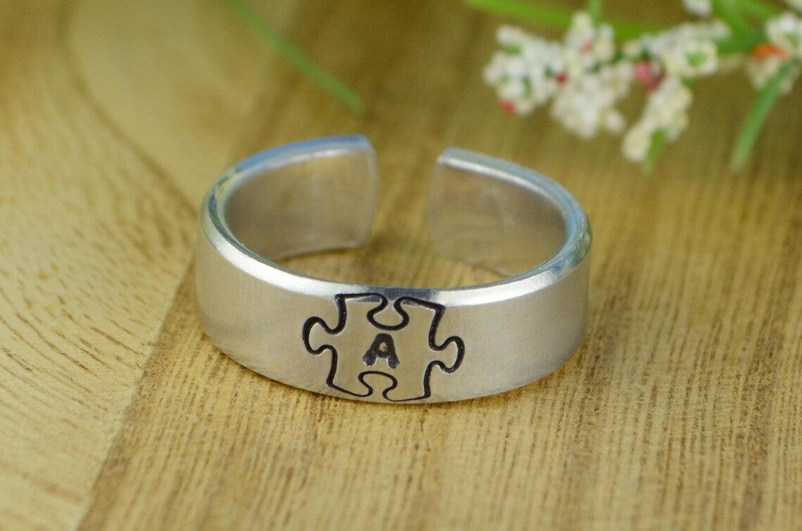 Any Initial Puzzle Piece Adjustable Ring- Hand Stamped Aluminum Letter Ring - Handmade to Custom Size