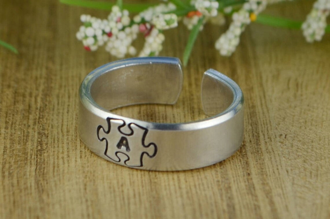 Any Initial Puzzle Piece Adjustable Ring- Hand Stamped Aluminum Letter Ring - Handmade to Custom Size