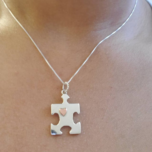 Autism Puzzle Piece Necklace With Copper Heart- Autism Awareness