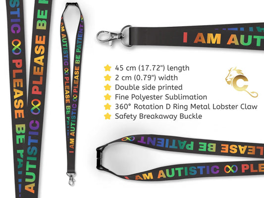 I am Autistic Lovely Lanyards, 20mm Red Black White Black Blue Yellow Green Lovely, Safety Breakaway Buckle, Click Seal Clear Card Holder