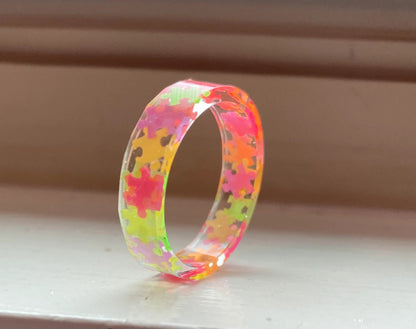 Neon Autism Awareness Puzzle Pieces Resin Ring