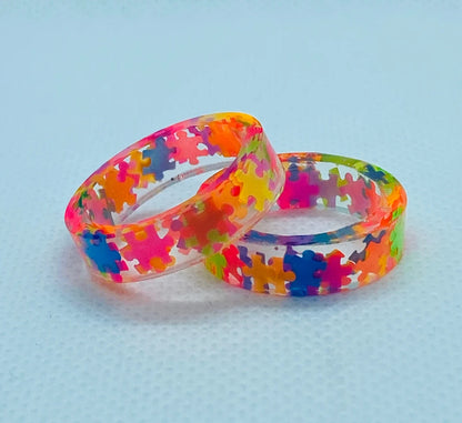 Neon Autism Awareness Puzzle Pieces Resin Ring