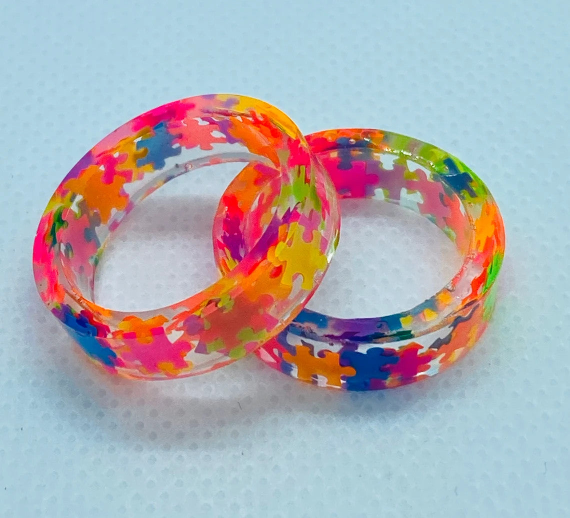 Neon Autism Awareness Puzzle Pieces Resin Ring