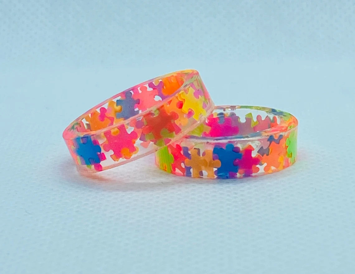 Neon Autism Awareness Puzzle Pieces Resin Ring