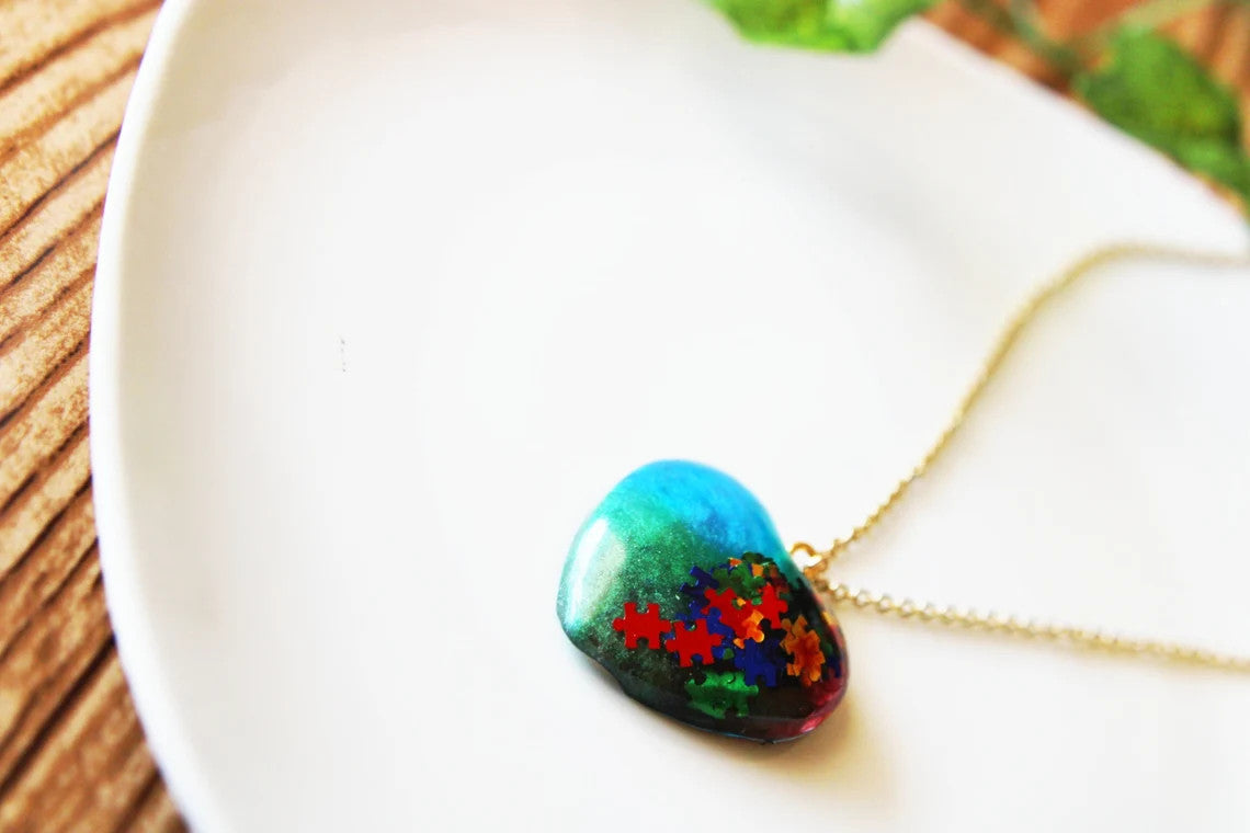 Resin Puzzle Piece Necklace, Autism Awareness Teacher Appreciation, Gift for Mom, Autism Mom Pressed Flower Jewelry