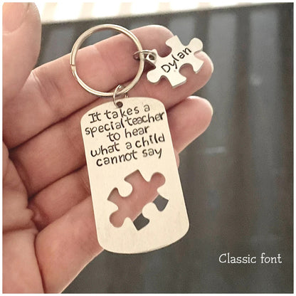 Puzzle Piece Keychain - Teacher Gift - Hand Stamped Keyring - Personalized Jigsaw Puzzle Piece - Autism Month - Thank You Gift