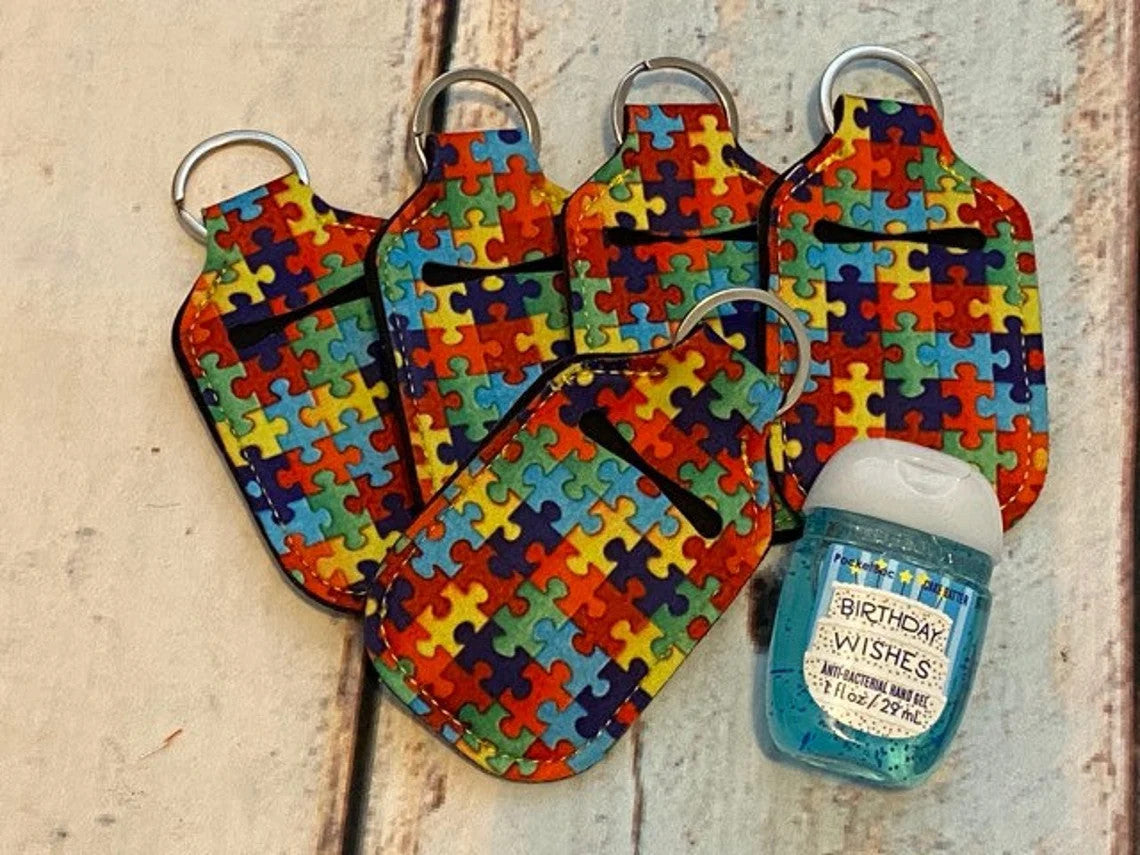 AUTISM Puzzle Print HAND SANITIZER Holder Key Chain Air Pod Case - Quantity One