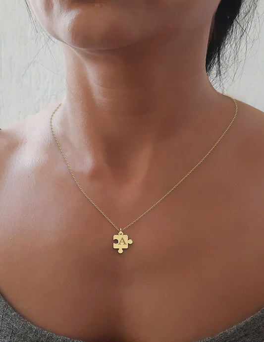 Personalized Gold Puzzle Piece Necklace, Gold Dainty Chain, Meaningful Love Necklace, Custom Puzzle Charm