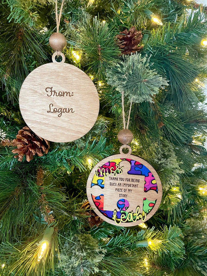 Personalized Puzzle Teacher Ornament, Autism Ornament, Thank You Ornament, Christmas Decor, Christmas Tree, Teacher Gift