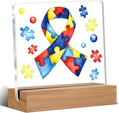 Autism Ribbon Clear Desk Decorative Sign Autistic Acrylic Sign With Wooden Stand for Desk Table Shelf