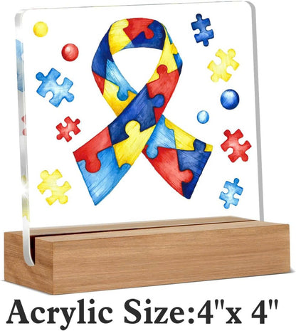 Autism Ribbon Clear Desk Decorative Sign Autistic Acrylic Sign With Wooden Stand for Desk Table Shelf