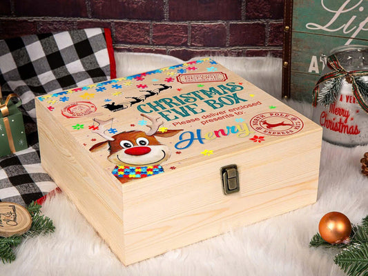 Personalized Christmas Eve Box Reindeer For Autism Kids, Wooden Box Gift For Autism Boys or Girls, Child's Xmas Surprise Keepsake Present