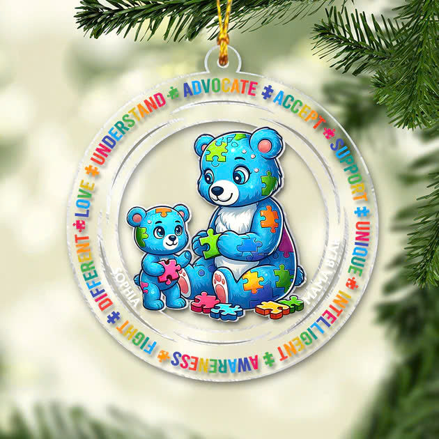 Mama Bear Austism - Personalized Autism Awareness Transparent Ornament