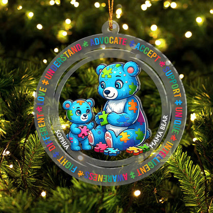 Mama Bear Austism - Personalized Autism Awareness Transparent Ornament