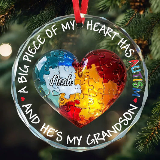 A Big Piece of My Heart Has Autism - Personalized Autism Awareness Round Shaped Glass Ornament