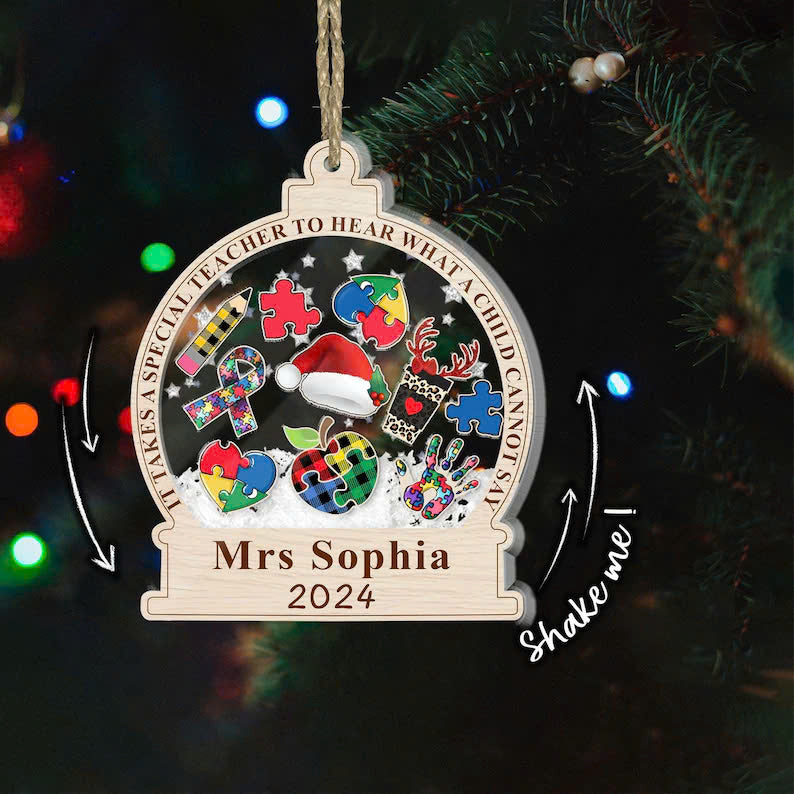 Personalized Autism Teacher 3 Layered Shaker Ornament