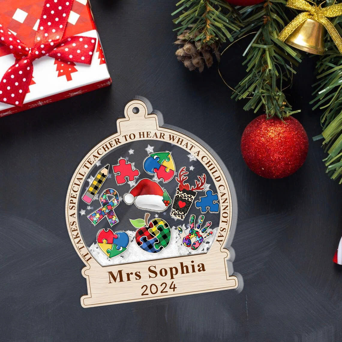 Personalized Autism Teacher 3 Layered Shaker Ornament