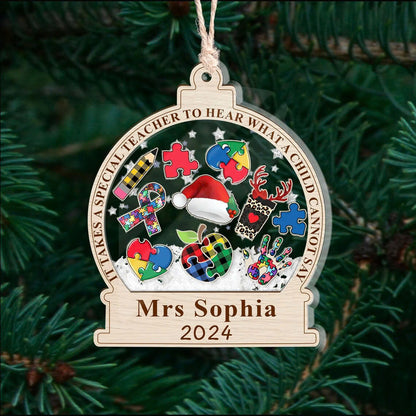 Personalized Autism Teacher 3 Layered Shaker Ornament