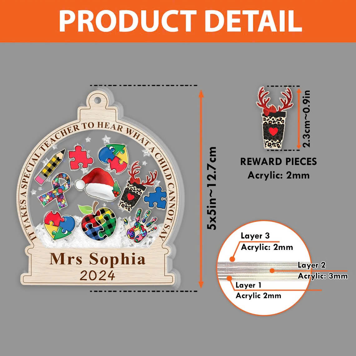 Personalized Autism Teacher 3 Layered Shaker Ornament