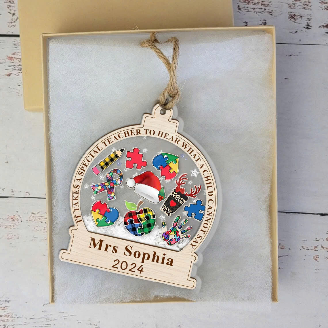 Personalized Autism Teacher 3 Layered Shaker Ornament