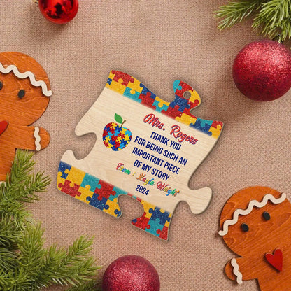 Personalized Autism Teacher Wood Ornament, Special Teacher Christmas Gift, Custom Puzzle Ornament For Autism Teacher