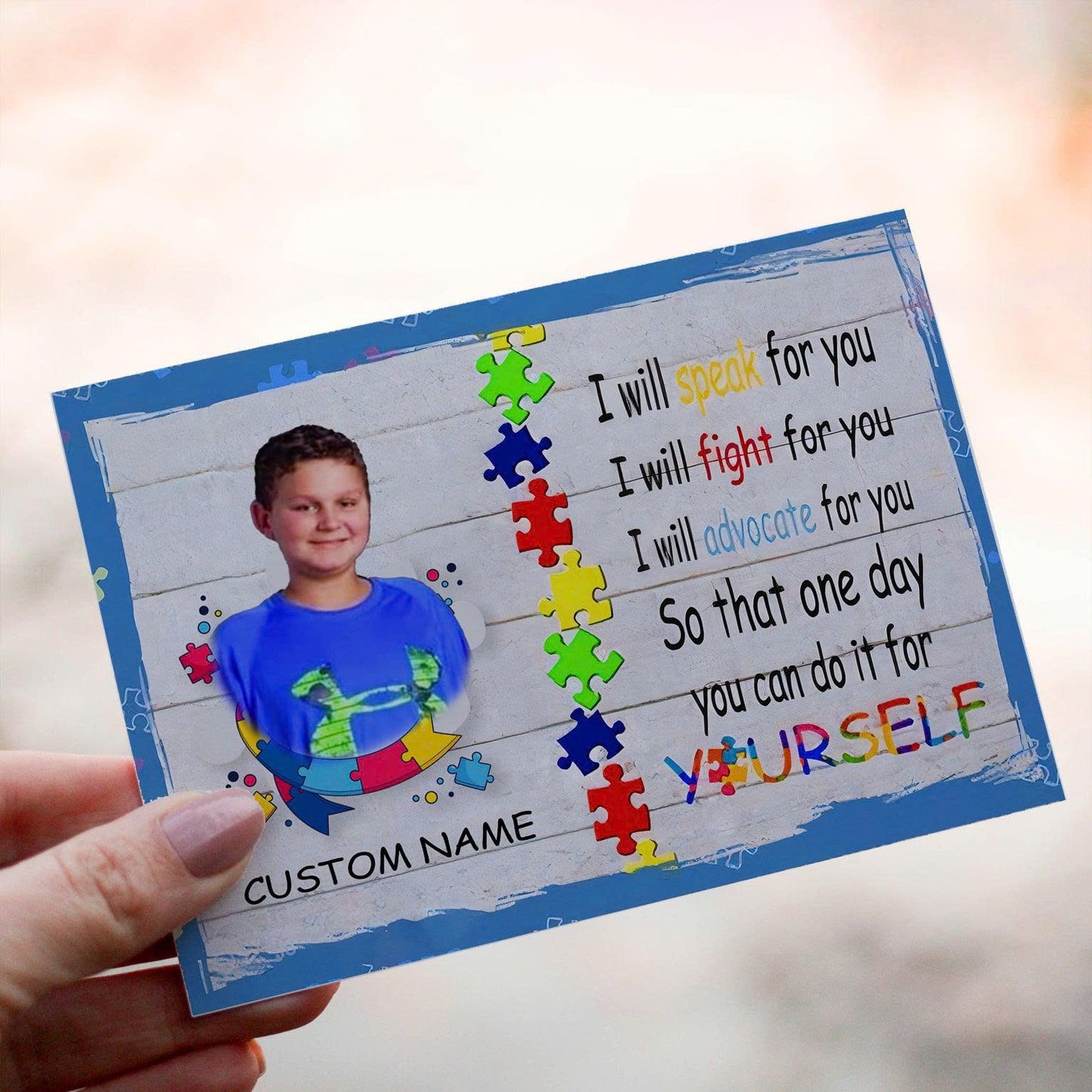 Personalized Crochet Doll with Photo Card "I Will Speak For You Autism Awareness"