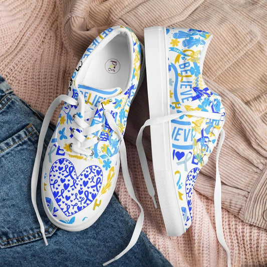 Down Syndrome Awareness Shoes - Blue & Yellow Ribbon Believe and Hope Custom Sneakers - Inspirational Support Gift