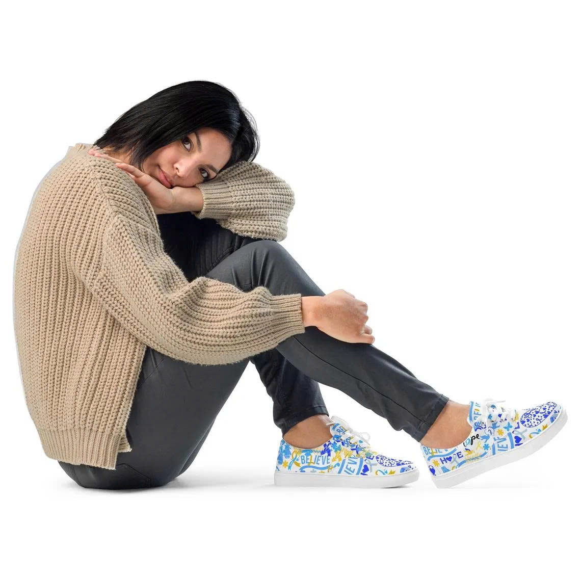 Down Syndrome Awareness Shoes - Blue & Yellow Ribbon Believe and Hope Custom Sneakers - Inspirational Support Gift