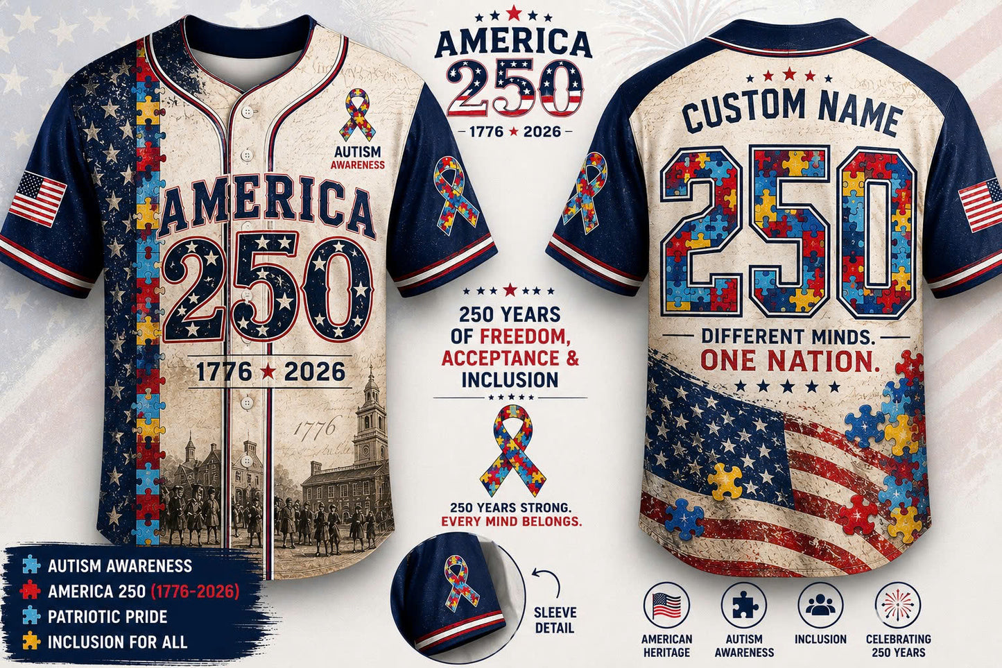Custom Autism Awareness 250 Years Baseball Jersey