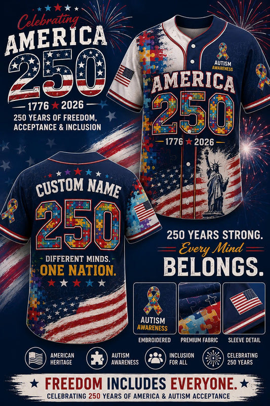 Custom Autism Awareness 250 Years Baseball Jersey